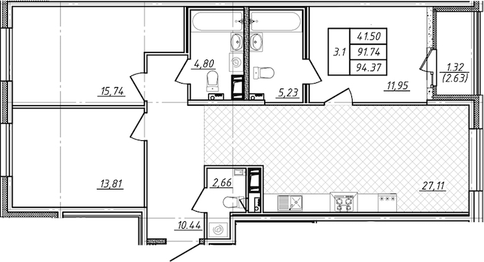 3-комнатная квартира 91.74 м², 13/13 эт., ЖК «Чёрная речка»